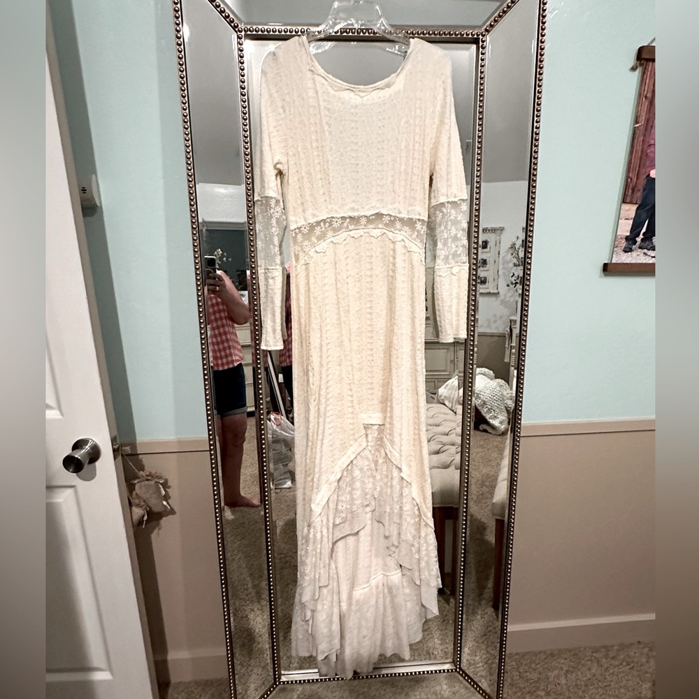 Free People Cream Gown with Bishop Sleeves and Scoop Neck